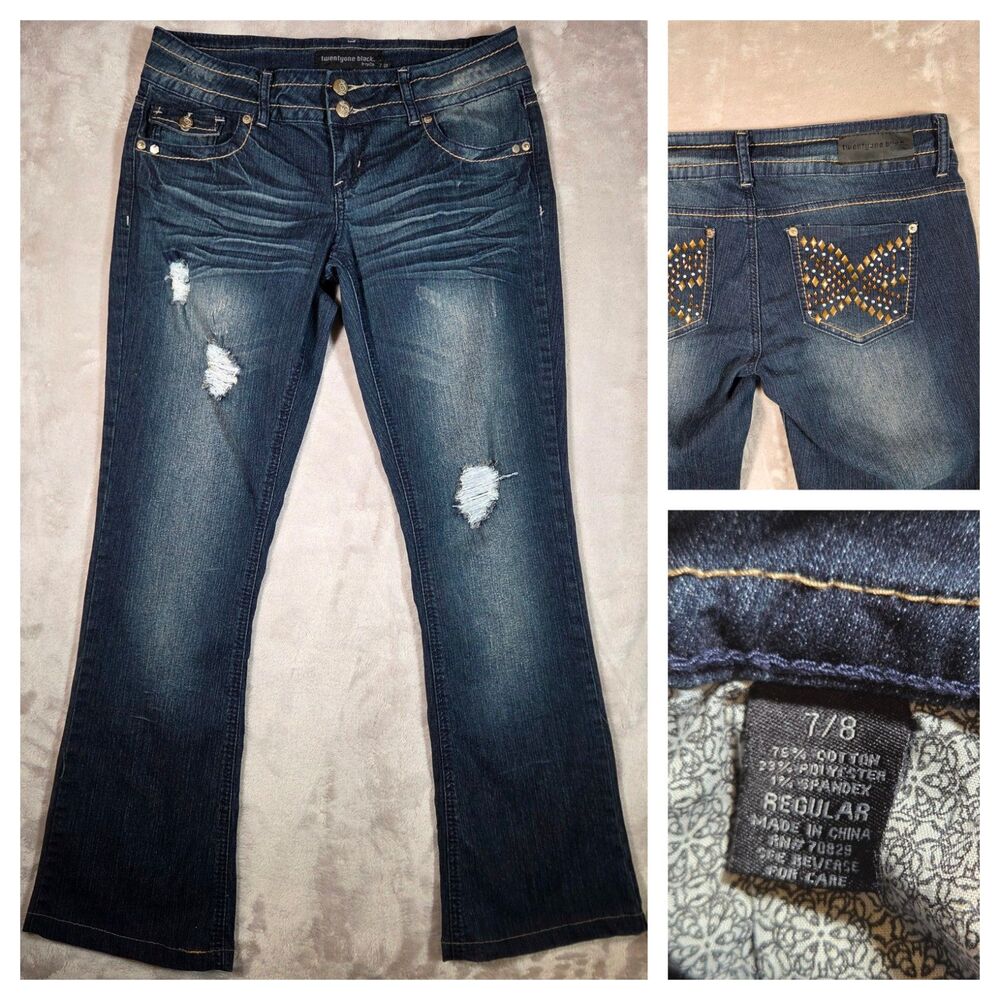 Twenty One Black Rue21 Bootcut Jeans 7/8 Distressed Embellished Dark Wash